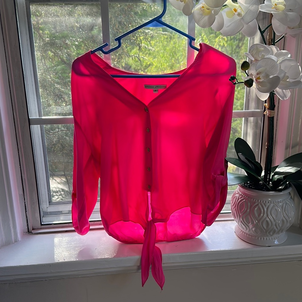 Pink tie in front silk blouse